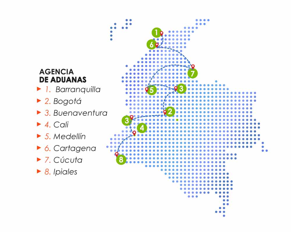 Mapa de colombia el cual tiene los puntos de las jurisdicciones aduaneras