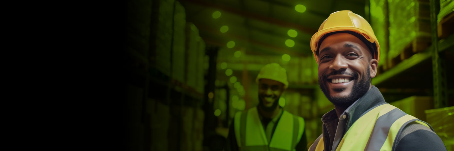 Dos trabajadores sonriendo al interior de un almacén